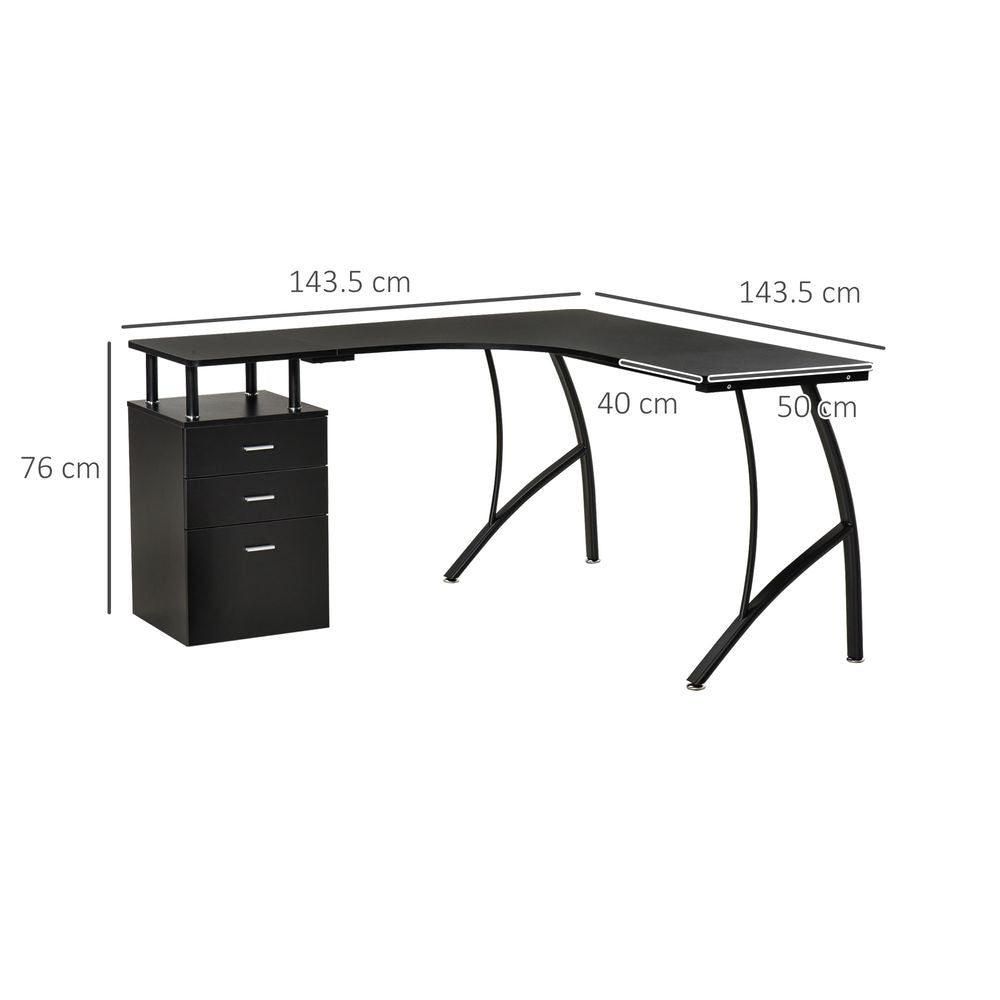 HOMCOM L-Shaped Computer Desk Table with Storage Drawer Home Office Corner Industrial Style Workstation for A4 Files 143.5 x 143.5 x 76cm, Black