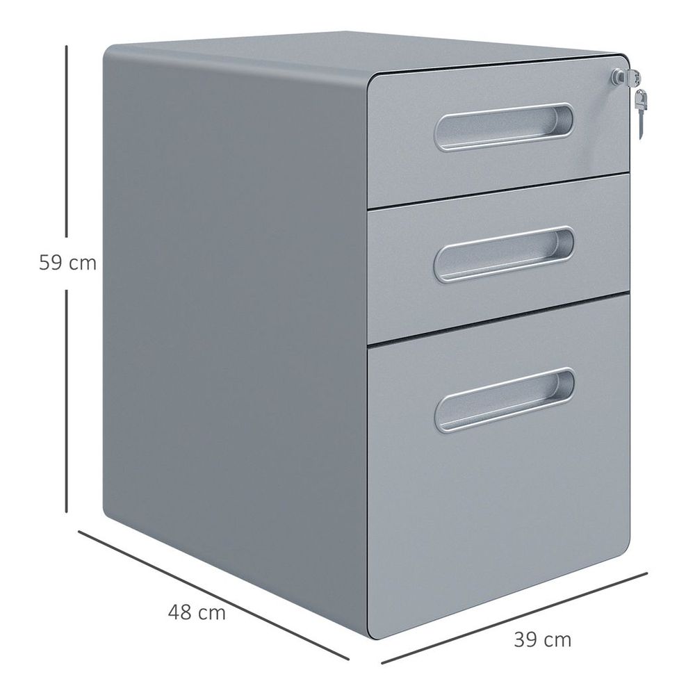 Vinsetto 3 Drawer Steel Filing Cabinet - Modern, Portable, Lockable - Grey