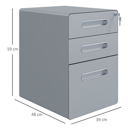 Vinsetto 3 Drawer Steel Filing Cabinet - Modern, Portable, Lockable - Grey