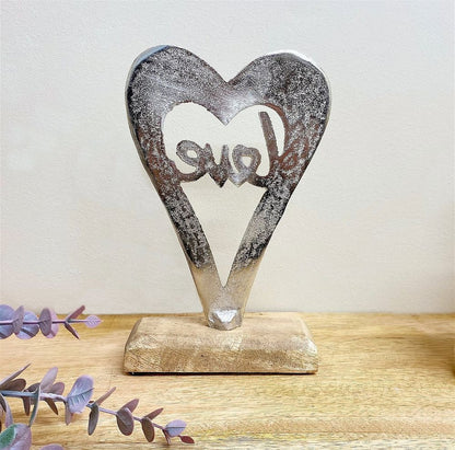 Silver Heart Love on Wooden Base - Small, Versatile Piece with D5 x H21 x W13.7cm Measurements