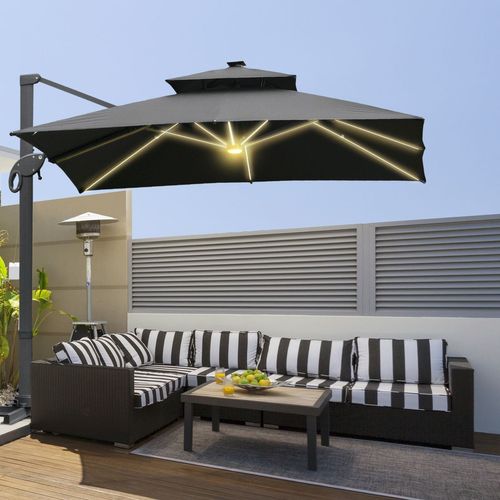 Outsunny 3 x 3(m) Cantilever Umbrella Power Bank Solar Cold Light Dark Grey