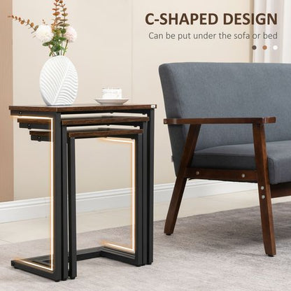 Homcom C-Shaped Nesting Tables Set of 3 with Steel Frame, Rustic Brown