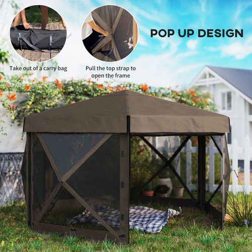 Outsunny 3 x 3(m) Hexagon Pop Up Gazebo with 5 Sides, Netting, Brown