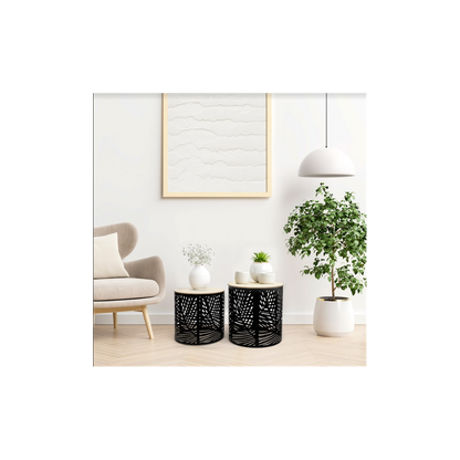 Premium Leaf Cut Basket Table Set - SLENDER - 2-Pack | Professional Quality | Iron + MDF | Classic Black