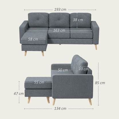 HOMCOM 3-Seater L-Shaped Linen Sofa w/ Sponge Seat Back Cushions, Dark Grey