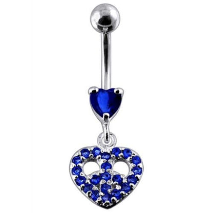 Jeweled Fancy Heart Shape Silver Dangling SS Bar Curved Belly Ring