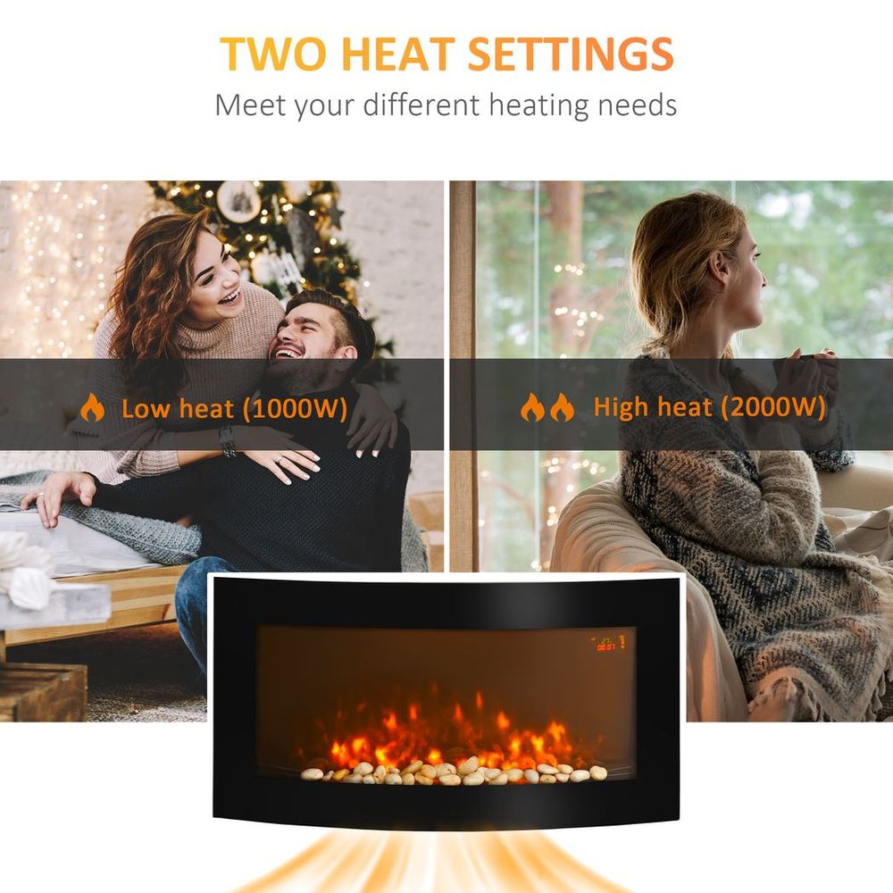 HOMCOM Electric Fireplace Wall Mounted Led Flame Curved Back Side Lights Heater