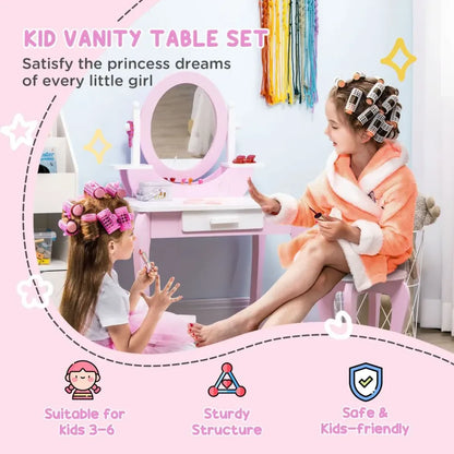 Kids Dressing Table with Mirror and Stool with Drawer for 3-6 Years Old, Pink
