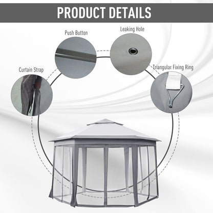 Hexagon Pop Up Gazebo Double Roof Netting, 4m x 4m, Grey w/ Mesh, 4x4m