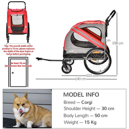 PawHut Dog Bike Trailer 2-in-1 Pet Stroller Cart Bicycle Carrier Attachment for Travel in steel frame with Wheels Hitch Coupler Reflectors Flag Red