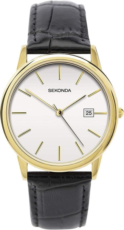 Sekonda Men's white dial with gold battons, dated, black leather strap watch 1718