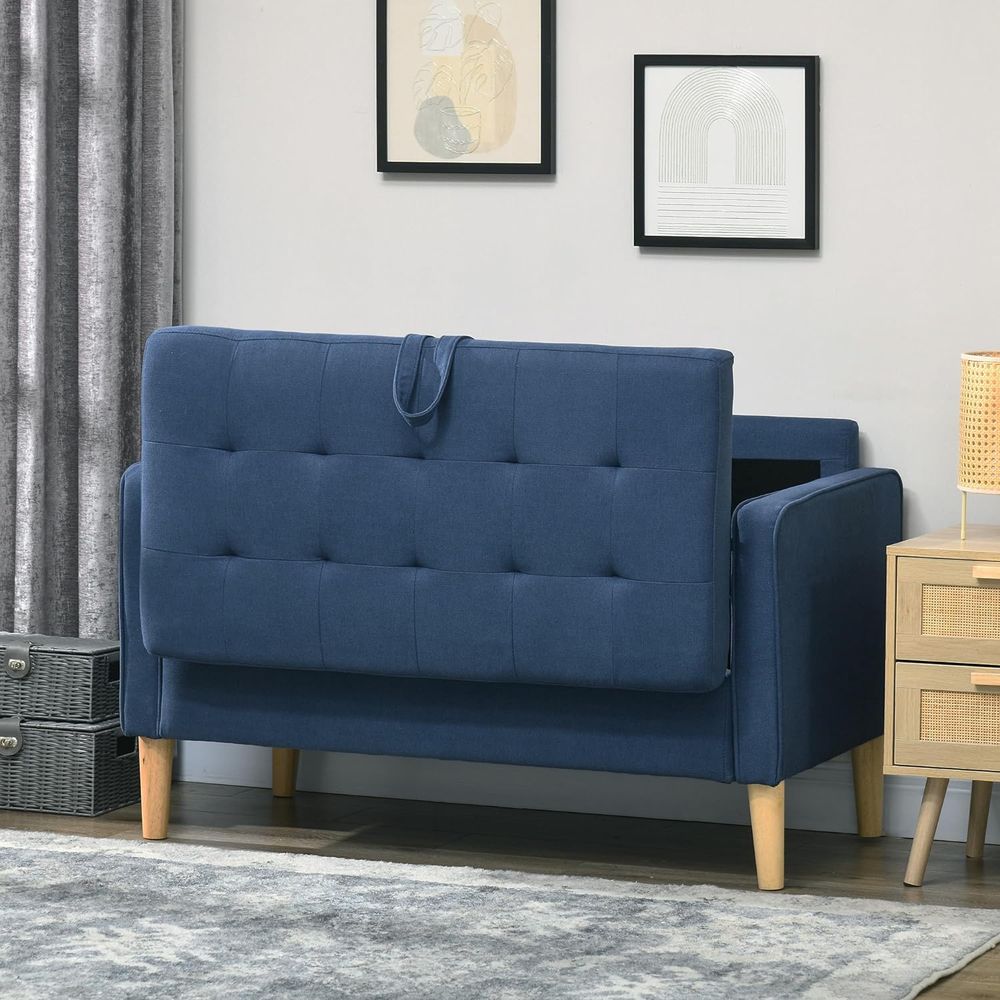 HOMCOM Compact Loveseat Sofa 2 Seater Sofa with Storage and Wood Legs Blue