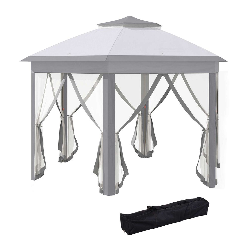 Hexagon Pop Up Gazebo Double Roof Netting, 4m x 4m, Grey w/ Mesh, 4x4m