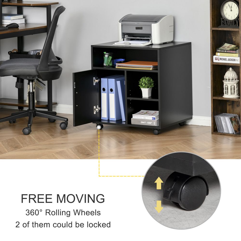 HOMCOM Multi-Storage Printer Stand Unit Office Desk Side Mobile Storage w/Wheels Modern Style 60L x 50W x 65.5H cm - Black