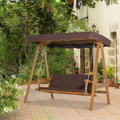 3 Seater Swing Chair & Adjustable Canopy, Wooden Hammock Bench Brown