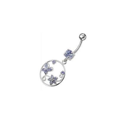 Jeweled Fancy Silver Dangling SS Curved Bar Belly Ring