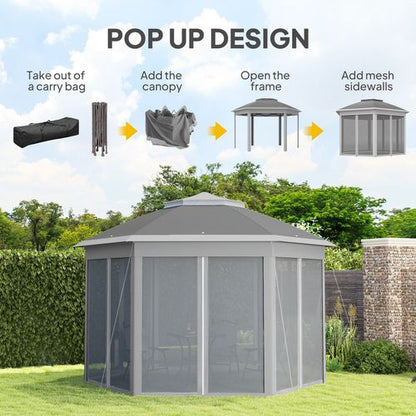 Outsunny 3x4m Hexagon Gazebo w/ Mesh Curtains Outdoor Garden, Dark Grey