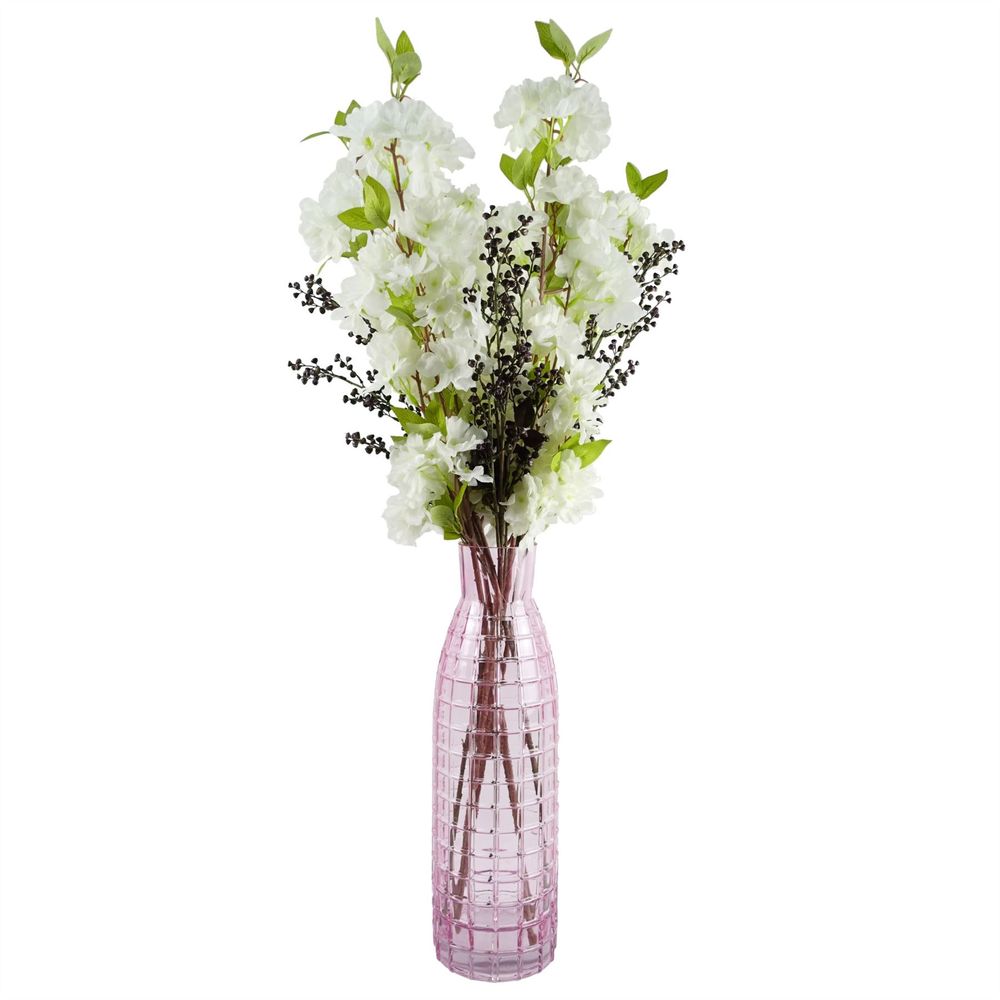 100cm White Artificial Blossom and Berries Glass Vase