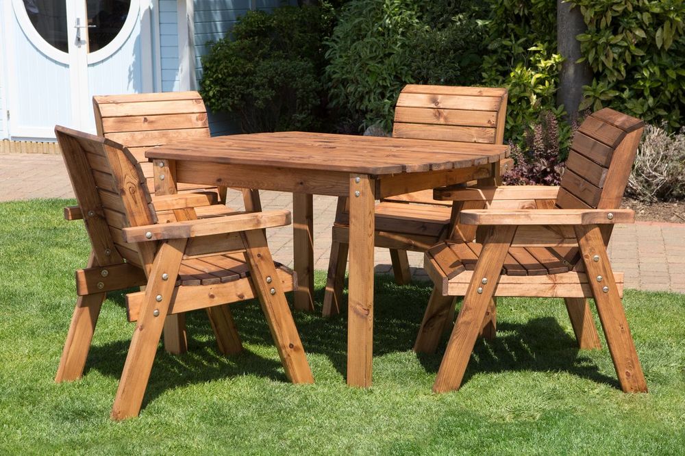 Premium Wood Outdoor Dining Set - 4 Seater Rect Table with Armchairs & 10 Year Guarantee