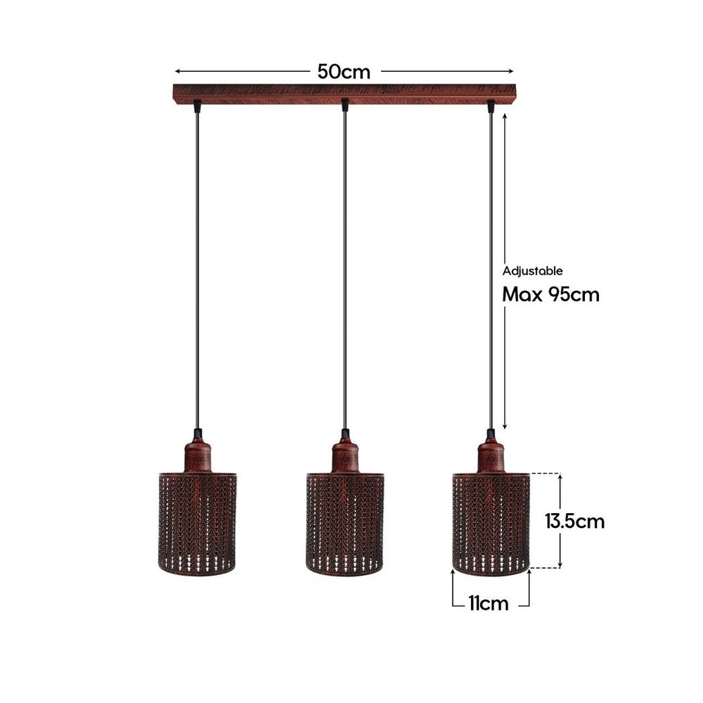 Vintage Industrial Rustic Red 3 Head Pendant Light - Metal Brushed, E27 Base, Barel Cage Lamp Shade - Best Quality, Professional