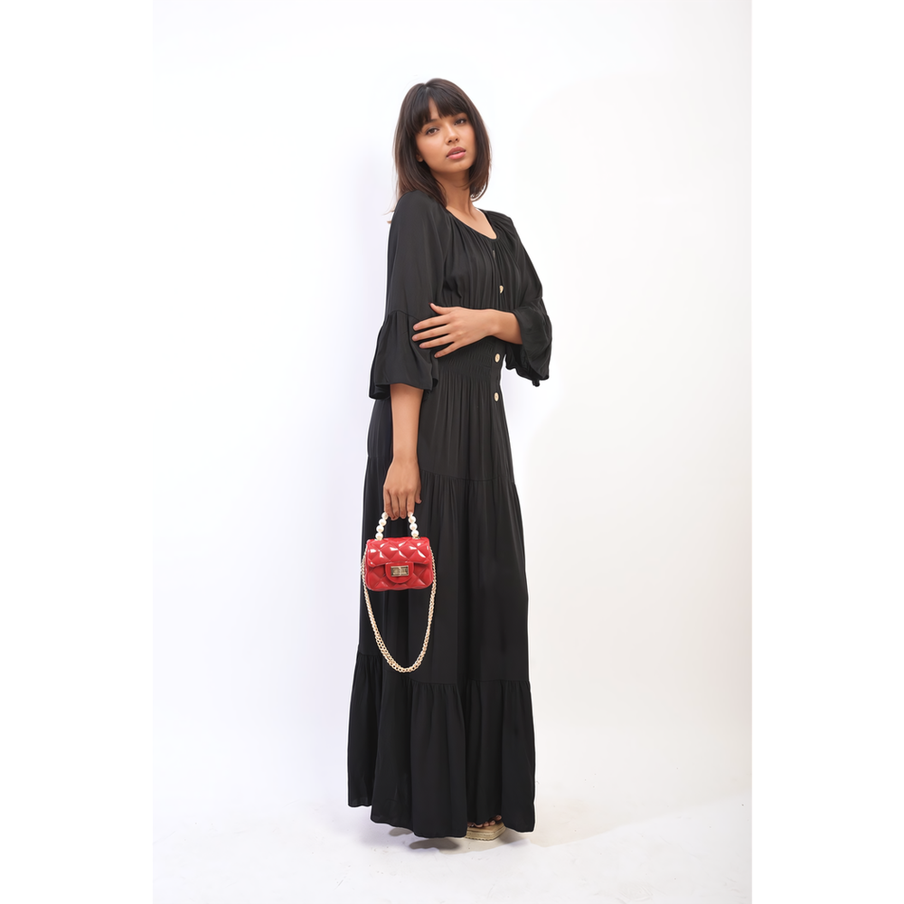 Leah Ruffle Hem Sleeve Shirred Waist Tiered Maxi Dress