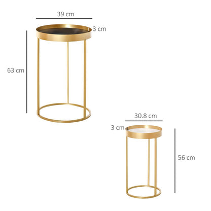 HOMCOM Coffee Tables Set of 2, Round Nest of Tables with Tray Top and Steel Frame for Living Room, Bedroom, Gold Tone