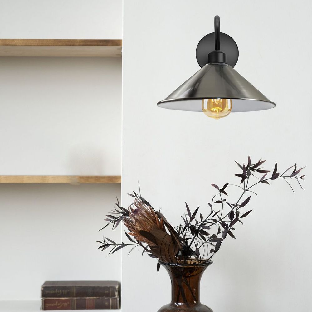 Elegant Satin Nickel Wall Light Fixture with Black Wall Sconce - Vintage Style, E27 Base, Swan Neck Cone Shade