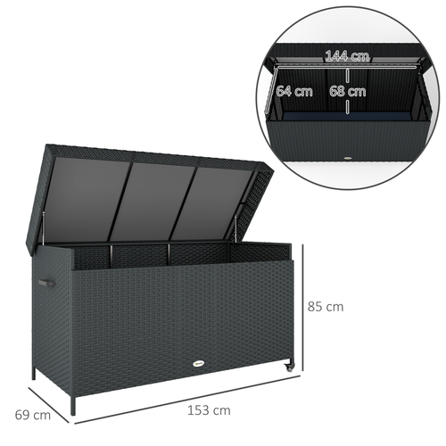 Outsunny 627 L Rattan Garden Storage Box with Gas Lift Lid and Wheels