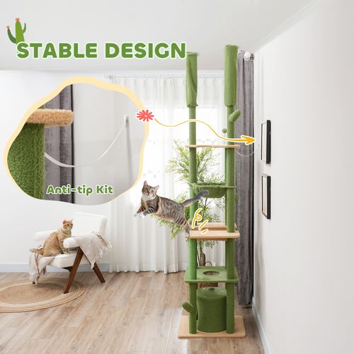 PawHut 225-255Hcm Floor to Ceiling Cat Tree w/ Hammocks, Condo - Green