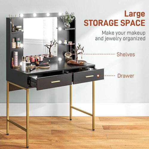 HOMCOM Makeup Vanity Desk Set with Lighted Mirror, Stool, Drawers