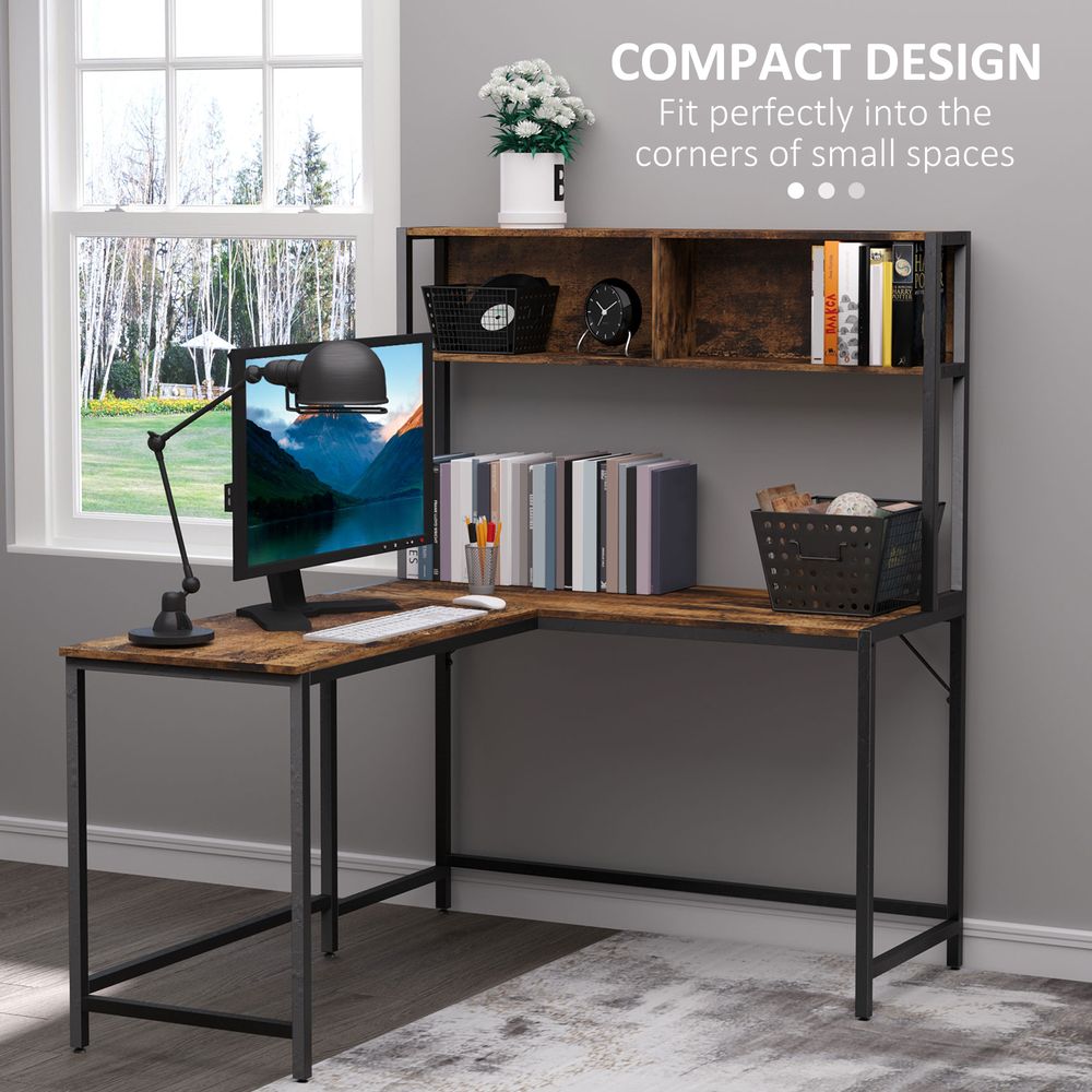 Industrial L-Shaped Desk w Shelf - Brown & Black - Best Quality