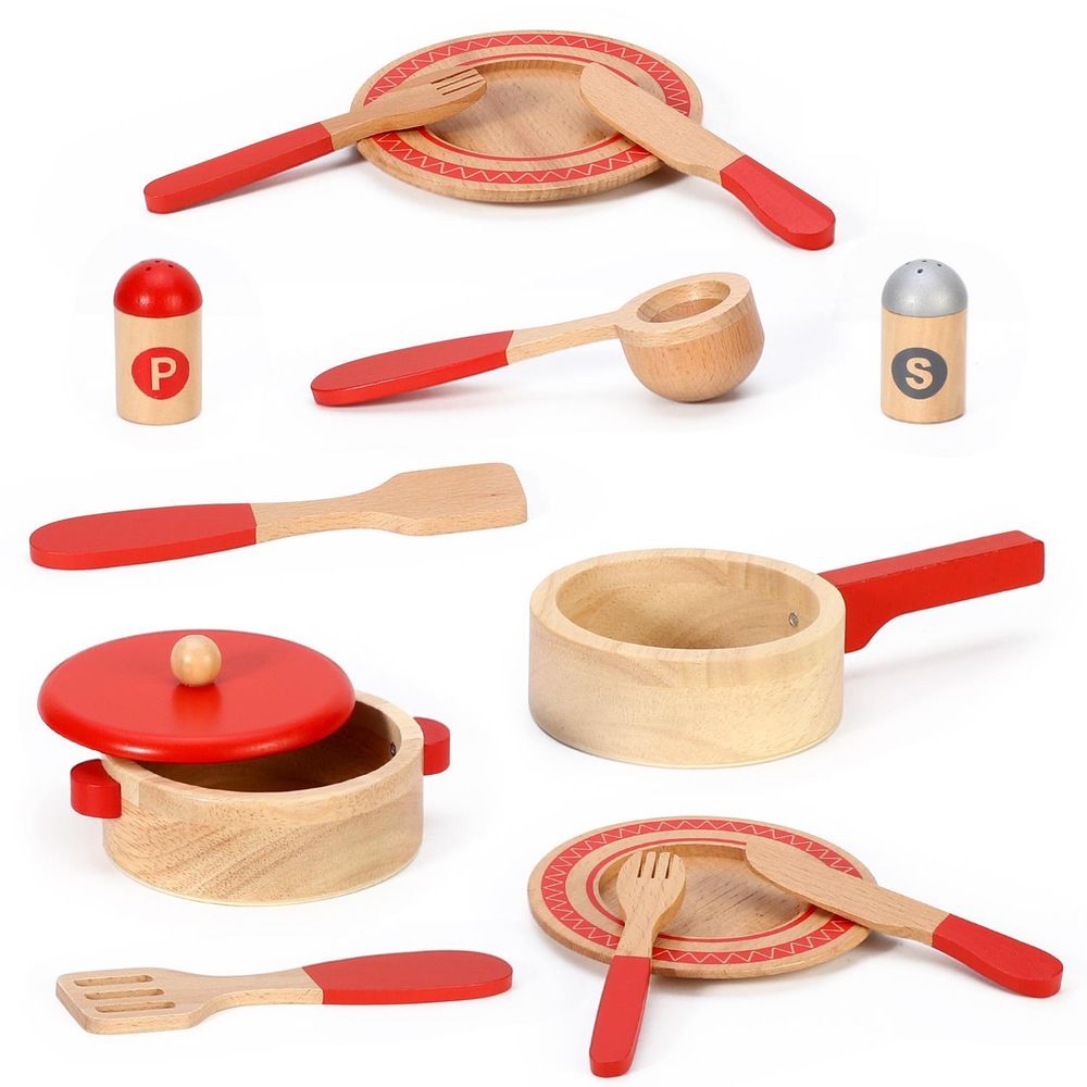 Child's Wooden Cooking Set - Master Chef Quality - Includes Saucepan, Frying Pan, Utensils - Enhance Imagination & Skills