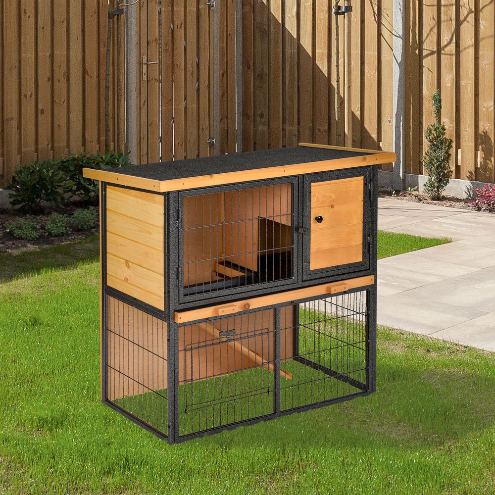 PawHut Wood-metal Rabbit Hutch Guinea Pig Hutch Elevated Pet House Bunny Cage with Slide-Out Tray Openable Roof Outdoor 89.5 x 45 x 81cm Light Yellow