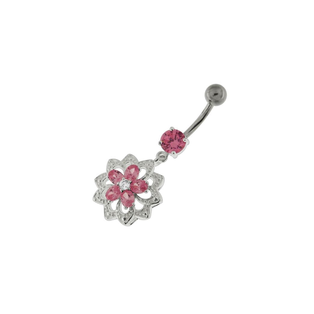 Jeweled Filigree Flower Sterling Silver Belly Button Ring