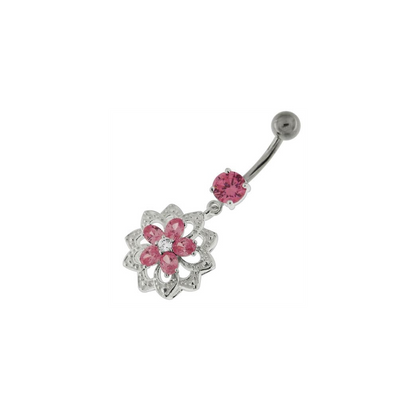 Jeweled Filigree Flower Sterling Silver Belly Button Ring
