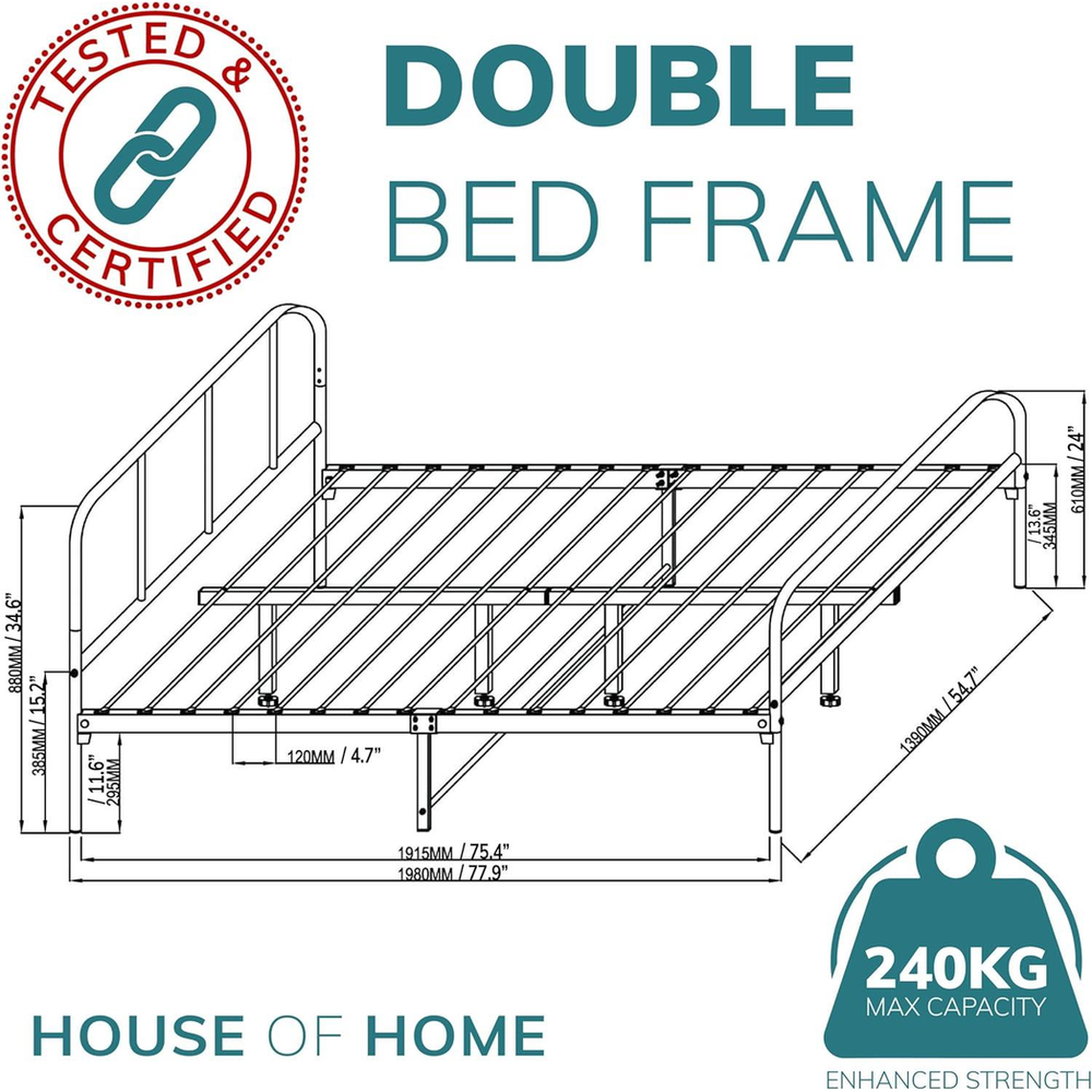 Premium Quality Double Metal Bed Frame - Strong, Stylish, and Space-Saving - Black Finish - Easy Assembly