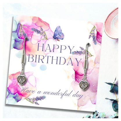 Happy Birthday Heart Earrings & Lavender Butterfly Message Card