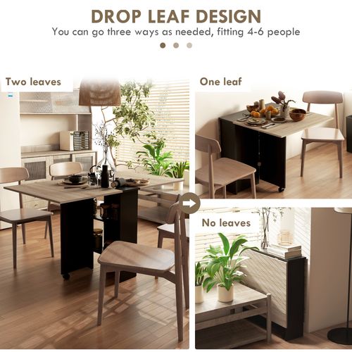 HOMCOM Mobile Drop Leaf Dining Table Folding Desk w/ 2 wheels Storage Shelves