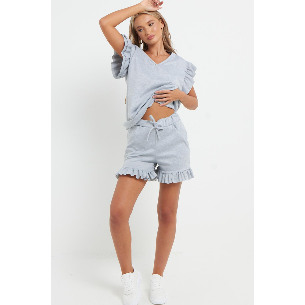 Ladies V Neck Frill Peplum Sleeve Top and Short 2 Piece Tracksuit Set