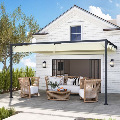Outsunny 4 x 3(m) Outdoor Pergola Retractable Canopy Wall Mounted, Cream