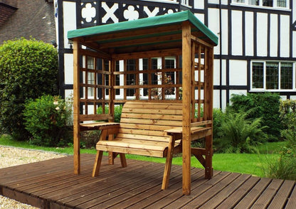Wentworth Two Seat Arbour Green - Handcrafted, Waterproof Roof, Side Tables, Made in Britain, FSC Wood