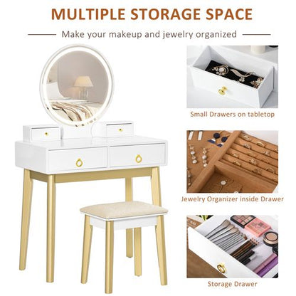Dressing Table Set With LED Mirror, Stool & 4 Drawers Makeup Desk White