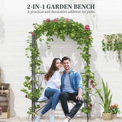 Outsunny Garden Metal Arch Bench Outdoor 2-Seater Chair, Patio Rose Trellis Arbour Pergola for Climbing Plant Vintage Classic Black 115L x 50W x 203H cm