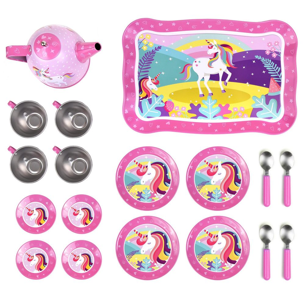 SOKA Unicorn Metal Tin Teapot Set with Carry Case Toy for Kids - 18 Pcs Illustrated Colourful Design Toy Tea Party Set for Boys and Girls Pretend Role Play
