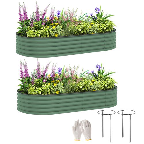 Outsunny Set of 2 Raised Beds for Garden with Metal Plant Stakes, Green