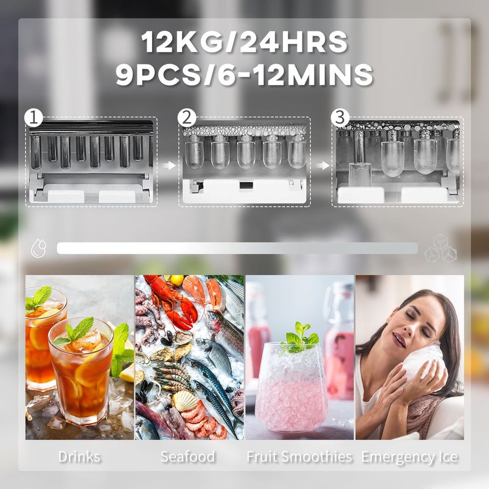 HOMCOM Portable Ice Cube Maker w/ 2 Cube Sizes 12Kg/24 Hrs, 9 Cubes/ 6-12Mins