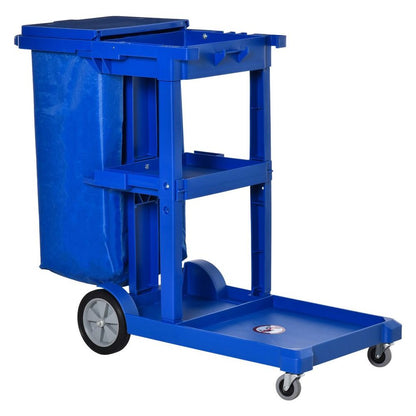 HOMCOM Cleaning Cart On Wheels, Housekeeping Trolley w/ 3 Tier Shelves, Blue