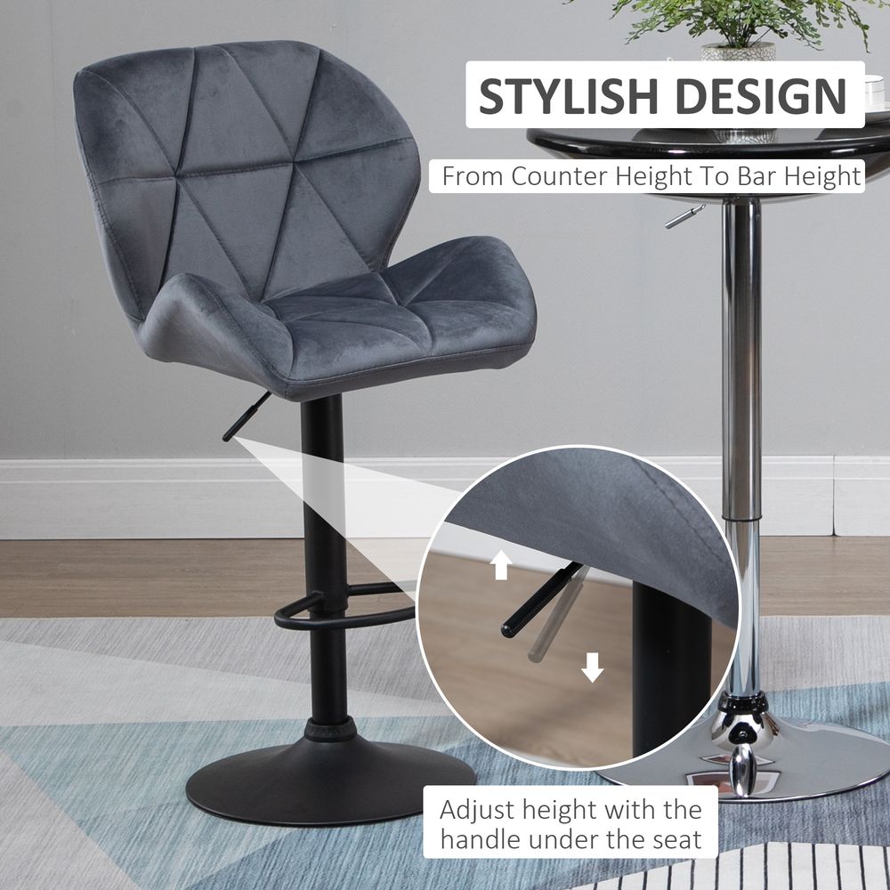 Bar Stool Set of 2 Fabric Adjustable Height Counter Chairs Dark Grey