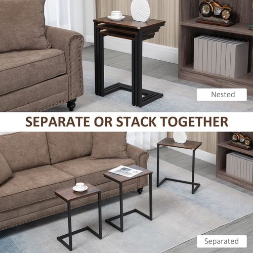 Homcom C-Shaped Nesting Tables Set of 3 with Steel Frame, Rustic Brown