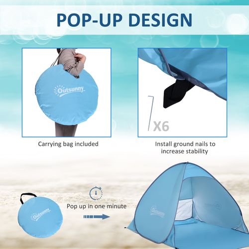 Outsunny Pop up Beach Tent, UV 30+ Sun Shelter with Carry Bag, 2x1.5m for 2-3 Person, Blue